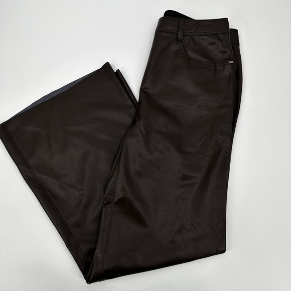 Marc Cain Warri Wide Fit High Waist Faux Leather Pants Dark Brown Size N3‎